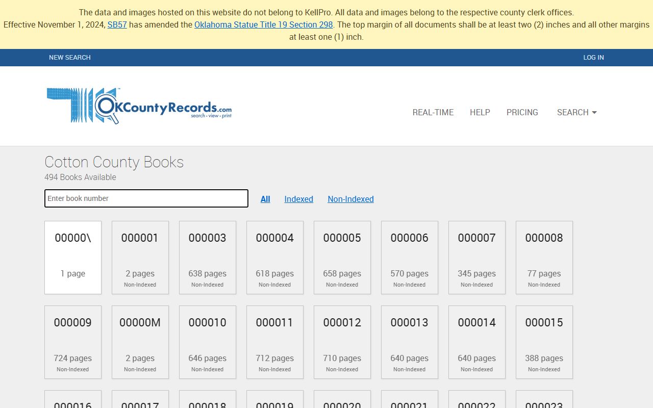 Cotton County County Clerk land record book inventory on OKCountyRecords