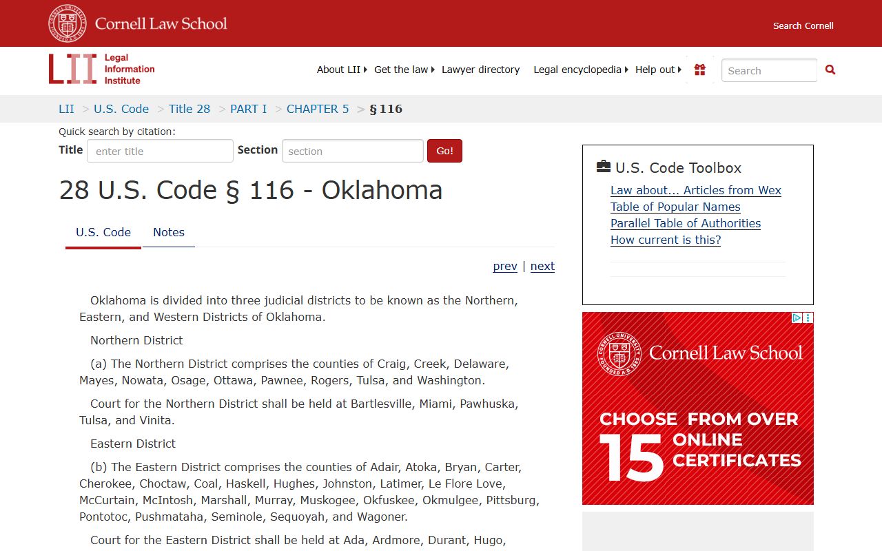 28 U.S.C. section 116 placing Cotton County in the Western District of Oklahoma federal court