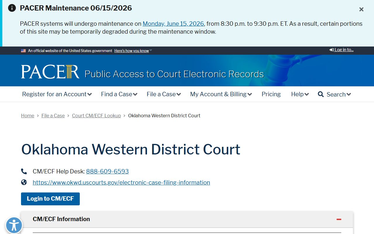 Cotton County federal case lookup through PACER CM/ECF for the Western District of Oklahoma