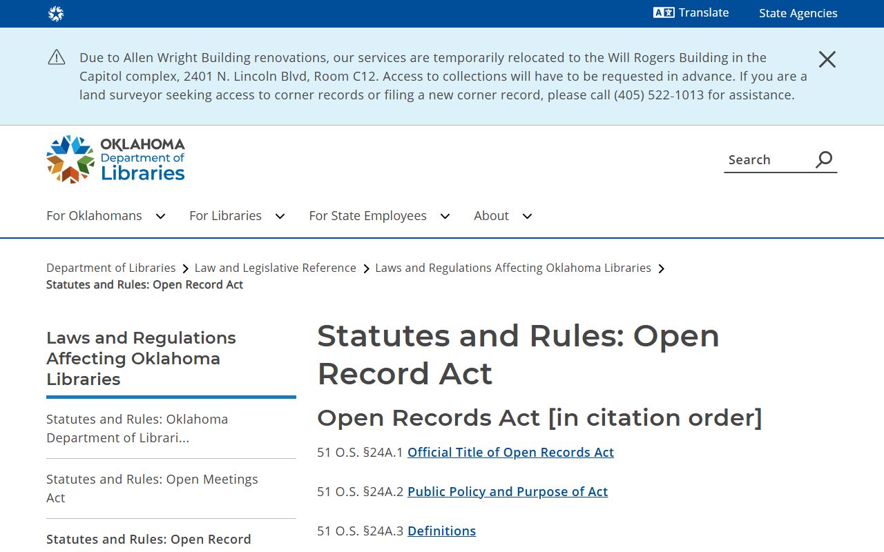 Oklahoma Open Records Act index governing Cotton County court records