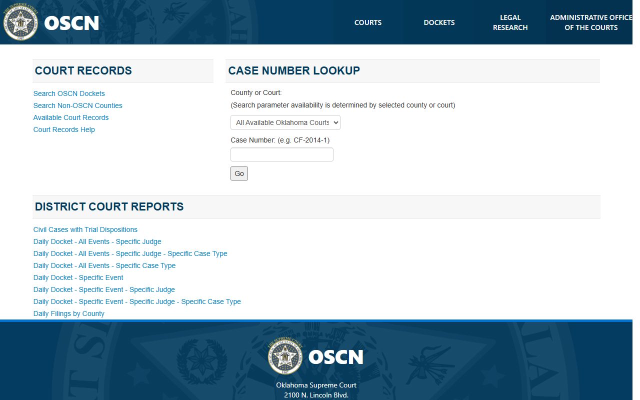 OSCN court records landing page used for Cotton County court records search