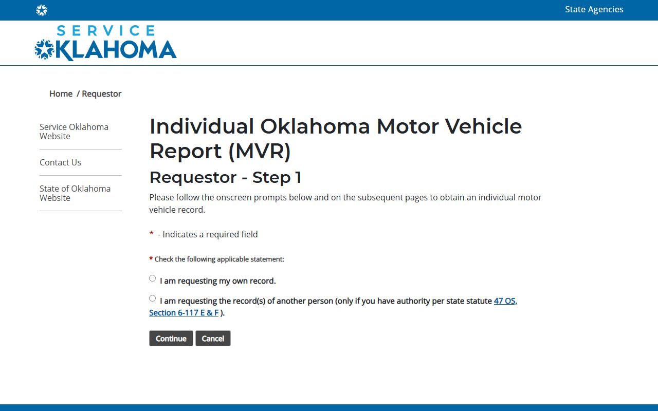 Cotton County traffic driver record request on the Service Oklahoma MVR portal