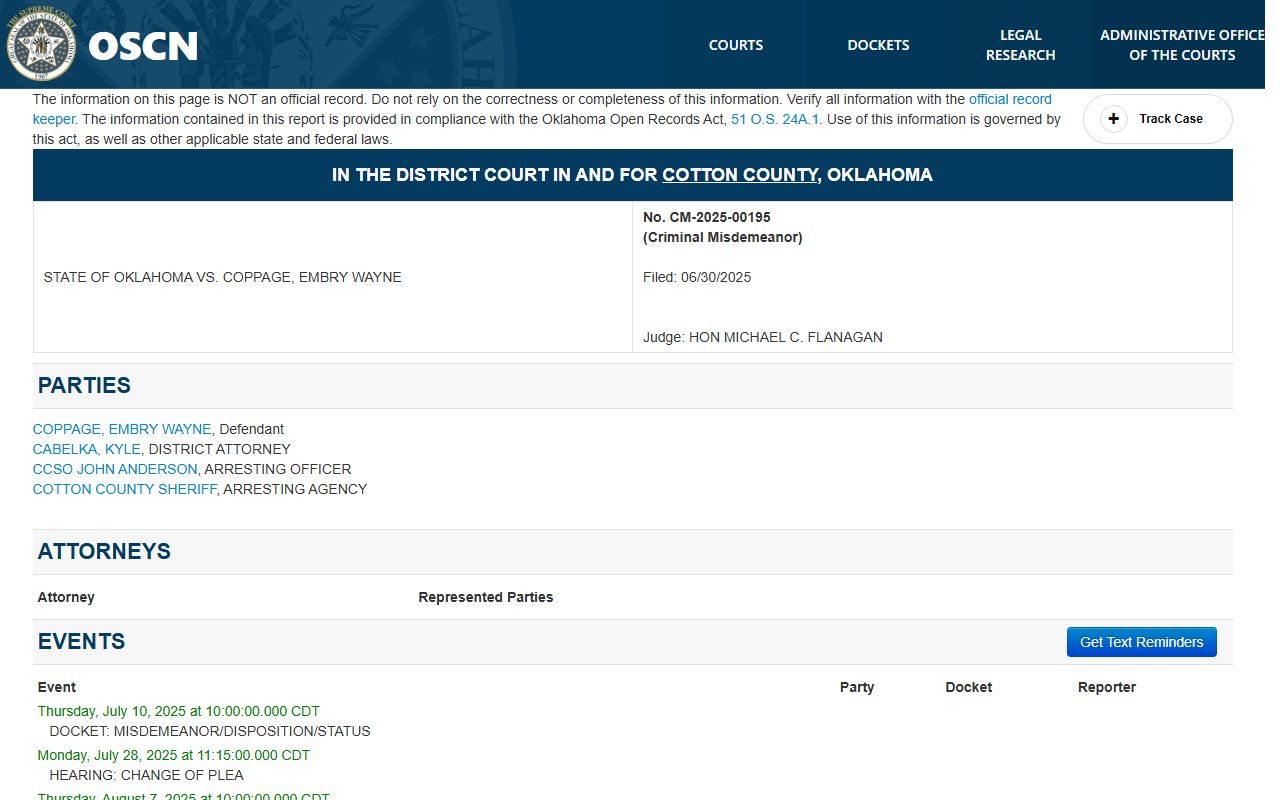 Cotton County warrant records sample OSCN criminal misdemeanor docket showing case fields